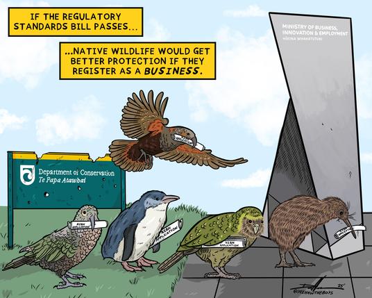 A cartoon shows native birds lining up in front of the Ministry of Business holding business registration applications. A neglected DOC sign is behind them.