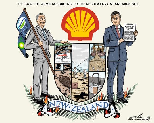 The coat NZ coat of arms according to the regulatory standards bill. A cartoon. One person stands with a fonterra flag on the left of the shield, with David Seymour on the right holding the regulatory standards bill. the shield is a montage of polluted was, oil spills, dead wildlife and over fishing