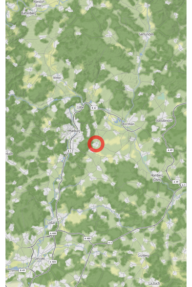 Map of the location of the observation: Marburg-Schröck Bürgerhaus, 35043 Marburg, Deutschland, (latitude: 50.79, longitude: 8.83).