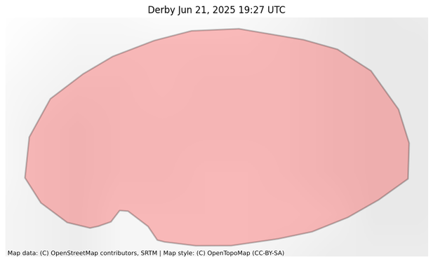 Visual map representation of the Derby wildfire, showing the perimeters of the 34.58267942334674 acre fire on a map.