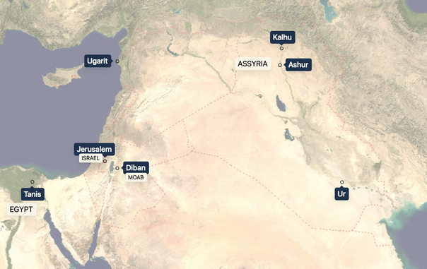 Image 3 Alt Text: Geographic map showing ancient Middle East cities. Tan and green landscape with blue water areas. Black labels mark cities like Jerusalem, Ur, Kalhu, and regions including Assyria, Israel, Moab, and Egypt.
Image 3 Caption: This regional map illustrates the interconnected urban centers of the ancient Near East, spanning from Egypt to Mesopotamia. Key cities like Jerusalem, Ur, Kalhu, and Ashur represent major political, religious, and economic hubs that shaped Bronze and Iron Age civilizations. The geographic distribution demonstrates the extensive trade networks and cultural exchanges that characterized this pivotal region in human history.