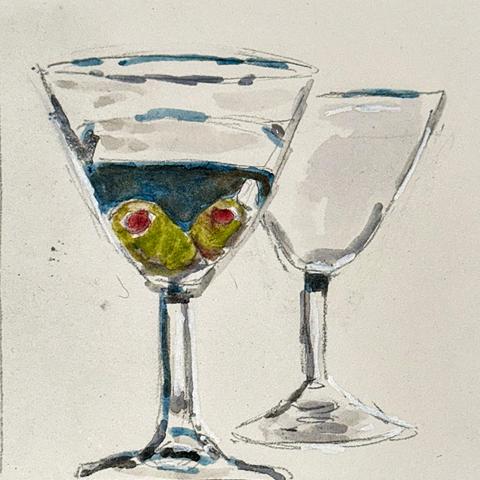 Minimalist watercolour of two martini glasses. The front one is full of a dark liquid with two olives. The other is empty.