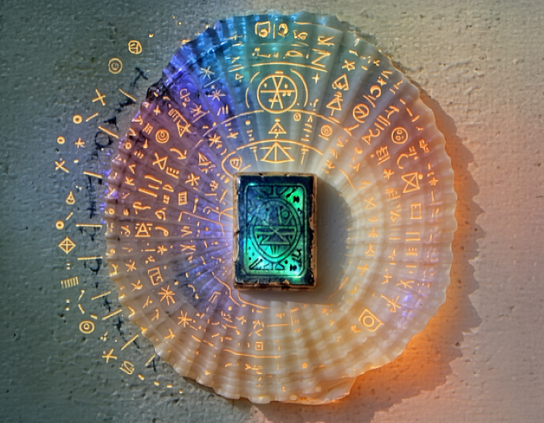 Glowing green-blue cyber-tarot device, resting on a shell-like disc, surrounded by radiant alien glyphs, on a textured stone surface.