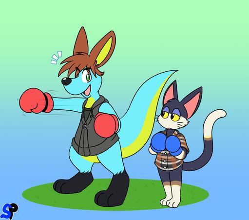 An anthropomorphic blue kangaroo punching the air in exclamation over to the cat. The cat stares at the kangaroo in awe and empty headed.