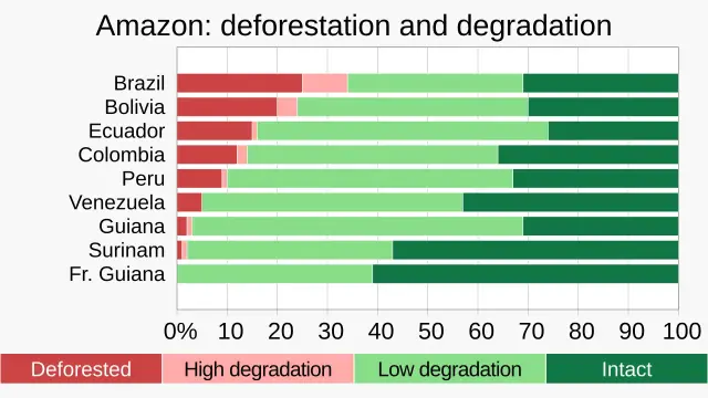 an infographic titled "Amazon: deforestation and degradation" which shows the percentage of each Amazon country's forest that is:
- deforested
- highly degraded
- moderately degraded
- intact
based on 2022 data from Amazon Watch