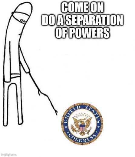 Meme of cartoon figure poking something with a stick, the "something" being the logo of the US Congress, with the caption "Come on, do a separation of powers"