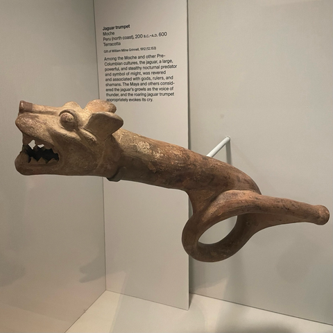 photo of object in display case at museum with gallery label: “Jaguar trumpet Moche Peru (north coast), 200 B.C.-A.D. 600 Terracotta Gift of William Milne Grinnell, 1912 (12.153) Among the Moche and other Pre-Columbian cultures, the jaguar, a large, powerful, and stealthy nocturnal predator and symbol of might, was revered and associated with gods, rulers, and shamans. The Maya and others considered the jaguar's growls as the voice of thunder, and the roaring jaguar trumpet appropriately evokes its cry.”