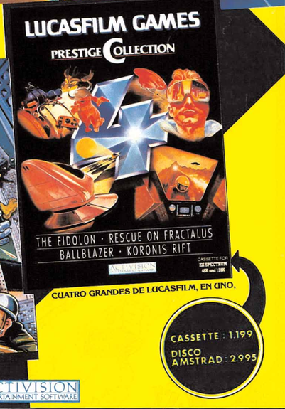 Screenshot of the ad of Lucasfilm Games Prestige Collection from the 80s. The image shows the price for the casette 1199 and for the floppy disk 2995 in Spanish pesetas (the back then currency).