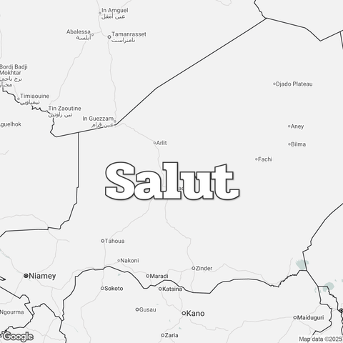 Map of Niger overlaid with a translation of the word "hello": Salut.