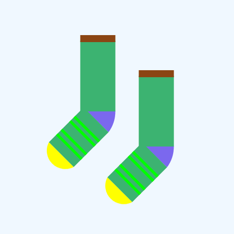 Two socks: Both are a MediumSeaGreen sock with a MediumSlateBlue heel, a Yellow toe, and a SaddleBrown cuff, with  four Lime stripes on the foot, all on an AliceBlue background.