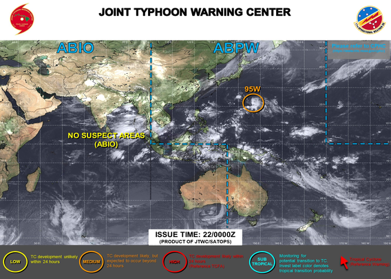ABPW10 PGTW 220000
MSGID/GENADMIN/JOINT TYPHOON WRNCEN PEARL HARBOR HI//
SUBJ/SIGNIFICANT TROPICAL WEATHER ADVISORY FOR THE WESTERN AND SOUTH 
PACIFIC OCEANS REISSUED/220000Z-220600ZJUN2025//
RMKS/
1. WESTERN NORTH PACIFIC AREA (180 TO MALAY PENINSULA):
   A. TROPICAL CYCLONE SUMMARY: NONE.
   B. TROPICAL DISTURBANCE SUMMARY:
      (1) THE AREA OF CONVECTION (INVEST 95W) PREVIOUSLY LOCATED NEAR 
21.8N 145.9E IS NOW LOCATED NEAR 22.3N 146.1E, APPROXIMATELY 303 NM 
EAST-SOUTHEAST OF IWO TO. ANIMATED MULTISPECTRAL SATELLITE IMAGERY 
DEPICTS PERSISTENT DEEP CONVECTION OVER THE EASTERN PERIPHERY OF A 
CONSOLIDATING LOW LEVEL CIRCULATION CENTER (LLCC). FURTHERMORE, 
ENVIRONMENTAL ANALYSIS INDICATES 95W IS CURRENTLY IN A MODERATELY 
FAVORABLE ENVIRONMENT FOR DEVELOPMENT WITH LOW (10-15 KNOT) VERTICAL 
WIND SHEAR, WEAK POLEWARD OUTFLOW ALOFT AND WARM (29-30C) SEA SURFACE 
TEMPERATURES. THE ONLY HINDRANCE TO DEVELOPMENT CURRENTLY IS A TROPICAL 
UPPER TROPOSPHERIC TROUGH (TUTT) CELL POSITIONED WEST OF THE SYSTEM THAT 
IS CURRENTLY RESTRICTING OUTFLOW ALONG THE NORTHWESTERN SEMICIRCLE. 
GLOBAL MODELS ARE IN FAIR AGREEMENT THAT 95W WILL TRACK NORTHWESTWARD 
AND DEVELOP OVER THE NEXT 24 HOURS AS IT CONTINUES TO DISTANCE ITSELF 
FROM THE AFOREMENTIONED TUTT CELL. MAXIMUM SUSTAINED SURFACE WINDS ARE 
ESTIMATED AT 15 TO 20 KNOTS. MINIMUM SEA LEVEL PRESSURE IS ESTIMATED TO