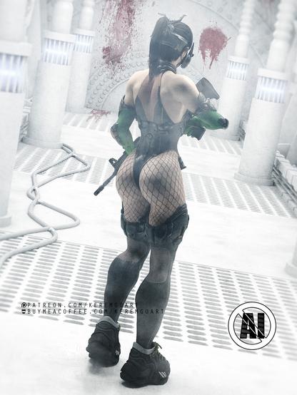 digital OC fan art of EVE from Stellar Blade with some gear from the game The First Descendant walking in a white corridor of a spacecraft with blood on the door