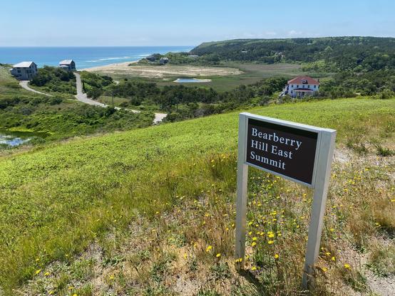 Photo shows a landscape with grass-covered sand dunes with the blue sea beyond.  A low area in the dunes shows where the sea breached during a major storm.  Some new building construction is evident on the nearby dune. A sign in foreground reads 'Bearberry Hill summit'.