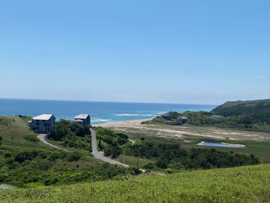 Closeup view of where the dunes were breached. Slightly out of focus beach is visible.