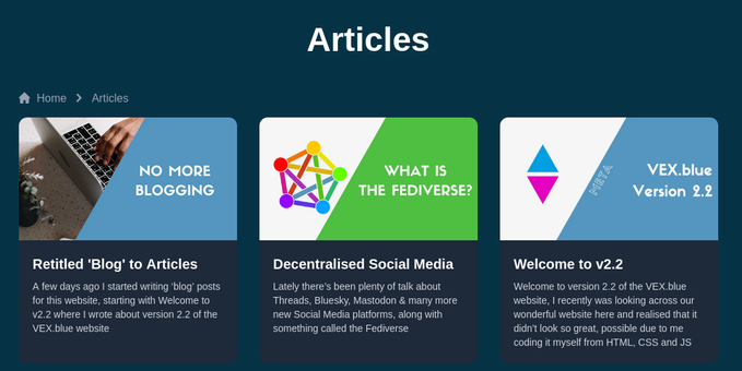Big Title saying Articles

Below is a breadcrumb trail with two links "Home" and "Articles".

At the bottom there's 3 articles lined up with an Image, Title and then description underneath each other. Displaying as very colourful, easy to see and clickable links.