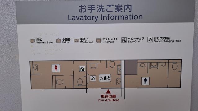A sign reading "Lavatory Information" in Japanese, English, and Japanese Braille. All restrooms have their facilities clearly marked and laid out in all three writing systems.