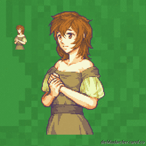 A 16 bit pixel art half-body portrait of a fair skinned delicate woman with unkempt brown hair and matching eyes.  She is wearing a beige off-shoulder dress with a brown sash around the waist and yellow sheer sleeves.  Her hands are in front of her chest, and she is holding one by the wrist.  The art is of the recipients original character.