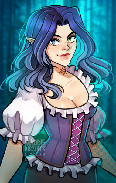 A colourful and mostly-blue hued illustration of a blue-haired elf woman with a hint of a floral tattoo on her neck. She has different-coloured eyes, pale skin with freckles and is wearing a ruffled poof-sleeved shirt with a purple lace-up corset