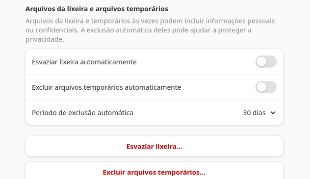 Screenshot parcial do app de configurações do Gnome, mostrando a configuração de remoção automática de lixeira e arquivos temporários.