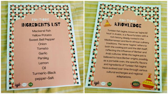 Two informational sheets about Fish Tagine placed side-by-side. The left sheet titled "Ingredients List" lists mackerel, yellow potato, sweet bell pepper, onion, tomato, garlic, parsley, lemon, oil, turmeric, black pepper, and salt. The right sheet, titled "Knowledge," details the stew's Tunisian origins and history. Both sheets have a pale pink background and are framed with a colorful geometric pattern of red, green, and black shapes. At the bottom, there are logos: “iyé”, “crfair”, and “FED”. The image is set against a striped golden-yellow cloth surface.