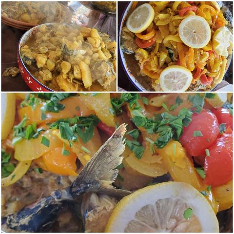 A photo featuring fish tagine. On the top left, fish pieces are mixed with potatoes in a savory sauce, served in a red and white bowl, steam coming from above. On the top right, another fish dish is shown with yellow and red peppers, garnished with lemon slices, served in a bowl with a blue and white rim. Below, a close up view of the pepper and fish dish, emphasizing fresh herbs and a lemon used as a garnish.