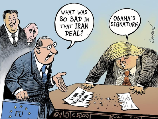 a criminal POTUS unilaterally declared war and instead focusing on Iran’s nuclear capabilities which had a deal w/USA until same criminal pulled out of it because it was achieved under Pres. Obama. Trump is a threat to peace.

The EU Rep says: What was so bad in the Iran Deal?

While leaning on a table with the ripped up Iran Nuclear Deal, the Very fat Convicted fraud felon insurrectionist say: Obama's signature.

In the back ground Xi of China and war criminal putin of muskavoy look on