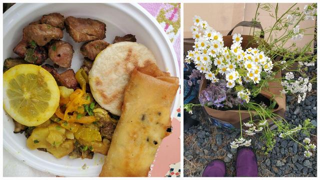 A split image. The left is a high-angle close-up shows food in a white bowl on a patterned pink surface. It includes cubed kabobs, diced potatoes with yellow peppers, flatbread, an eggroll and a halved lemon. The right side is a downward shot of a brown paper bag filled with wildflowers, placed on a rocky gravel patch. At the bottom edge are a person's feet in purple shoes.
