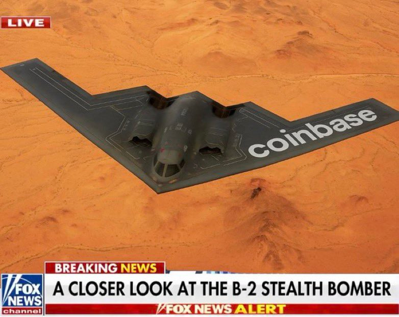 B-2 Stealth bomber with the Coinbase logo on the wing