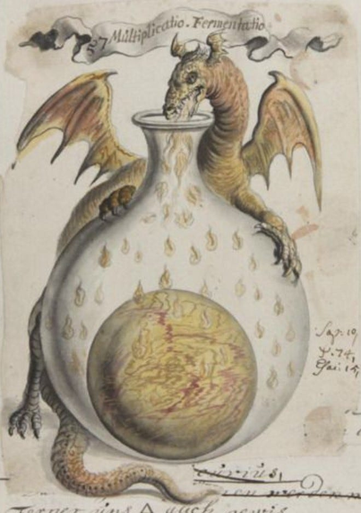 old alchemical dragon, showing a dragon hugging a round flask containing a spherical mass of some sort (source: https://jimbarrett.medium.com/alchemy-a-technique-of-the-soul-71bfb01e1045)