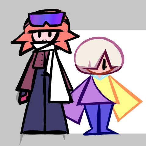 early design of epiphyll, orchid's roommate, positioned next to orchid. they are roughly 50% taller than orchid. they are wearing a big white scarf, have goggles on, and are wearing a maroon jacket with red mechanic's gloves and deep blue pants. they resemble an aviator in a more casual getup. they have orange, spiky hair.