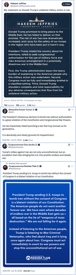 4 tweets by -
Hakeem Jeffries
AOC
Rep Sara Jocobs
Rep Rashida Talib