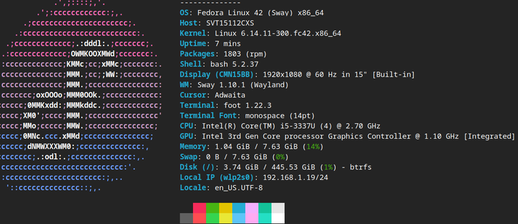 hyfetch output from an obsolete Sony Vaio laptop running sway.