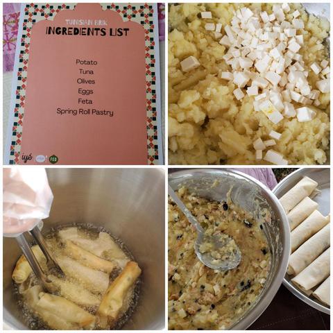 A collage image illustrating the steps in a Tunisian Brik recipe. The upper-left frame shows a pink menu with the title "Tunisian Brik Ingredients List", which includes Potato, Tuna, Olives, Eggs, Feta, and Spring Roll Pastry. The upper-right shows mashed potatoes with diced feta on top. The lower-left shows spring rolls being fried in oil with metal tongs. The lower-right shows a mixing bowl of filling, containing mashed potato, tuna, olive, and feta, along with rolled spring roll pastries sitting on a tray.