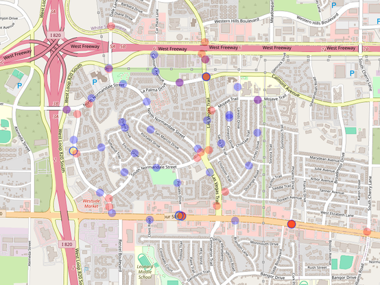 An OpenStreetMap rendering of the Las Vegas Trail area in Fort Worth. Several blue dots are visible, indicating shot spotters. Several red dots are also visible, indicating ALPRs.