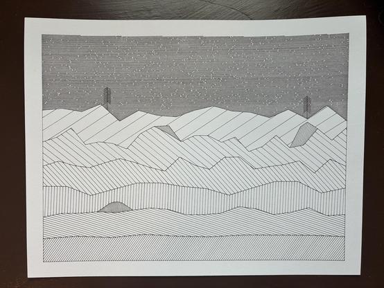 A geometric drawing of a rough landscape filled by hatching at various densities. There are two trees at the top. The sky is dark and spotted with stars.