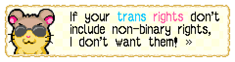 screenshot from Hamtaro Rainbow Rescue dialogue showing upset/determined unnamed cool hamster (gray/yellow hamster with sunglasses) saying "If your trans rights don't include non-binary rights, I don't want them!". The word trans is blue and the word rights is pink.