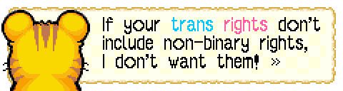 screenshot from Hamtaro Rainbow Rescue dialogue showing unnamed hamster with their back turned to the user (they are yellow with brown tiger stripes) saying "If your trans rights don't include non-binary rights, I don't want them!". The word trans is blue and the word rights is pink.