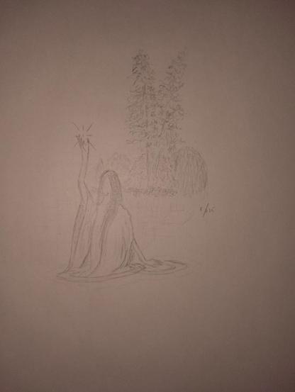 pencil drawing of a female figure emerging from the waters of a lake, holding a light in her right hand, an island with trees in her background