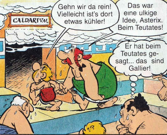 Asterix und Obelix gehen vom Dampfbad in das noch wärmere Calidarium.