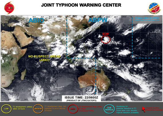 ABPW10 PGTW 220600
MSGID/GENADMIN/JOINT TYPHOON WRNCEN PEARL HARBOR HI//
SUBJ/SIGNIFICANT TROPICAL WEATHER ADVISORY FOR THE WESTERN AND SOUTH 
PACIFIC OCEANS 220600Z-230600ZJUN2025//
REF/A/MSG/JOINT TYPHOON WRNCEN PEARL HARBOR HI/220151ZJUN2025//
AMPN/REF A IS A TROPICAL CYCLONE FORMATION ALERT.//
RMKS/
1. WESTERN NORTH PACIFIC AREA (180 TO MALAY PENINSULA):
   A. TROPICAL CYCLONE SUMMARY: NONE.
   B. TROPICAL DISTURBANCE SUMMARY:
      (1) THE AREA OF CONVECTION (INVEST 95W) PREVIOUSLY LOCATED NEAR 
22.3N 146.1E IS NOW LOCATED NEAR 22.2N 146.2E, APPROXIMATELY 301 NM 
EAST-SOUTHEAST OF IWO TO. ANIMATED MULTISPECTRAL SATELLITE IMAGERY 
DEPICTS PERSISTENT DEEP CONVECTION OVER THE EASTERN PERIPHERY OF A 
CONSOLIDATING LOW LEVEL CIRCULATION CENTER (LLCC). A 212300Z ASCAT 
METOP-B 25KM IMAGE SHOWS ELEVATED SOUTHERLY WINDS (20 KNOTS) BEGINNING 
TO WRAP INTO THE SYSTEM. ENVIRONMENTAL ANALYSIS INDICATES 95W IS 
CURRENTLY IN A FAVORABLE ENVIRONMENT FOR DEVELOPMENT WITH LOW (10-15 
KNOTS) VERTICAL WIND SHEAR FROM THE SOUTHWEST, MODERATE POLEWARD OUTFLOW 
ALOFT AND WARM (29-30C) SEA SURFACE TEMPERATURES. THE ONLY HINDRANCE TO 
DEVELOPMENT CURRENTLY IS A TROPICAL UPPER TROPOSPHERIC TROUGH (TUTT) 
CELL POSITIONED WEST OF THE SYSTEM THAT IS CURRENTLY RESTRICTING 
OUTFLOW. GLOBAL MODELS ARE IN GOOD AGREEMENT THAT 95W WILL CONTINUE TO 
TRACK NORTHWESTWARD AND INTENSIFY O