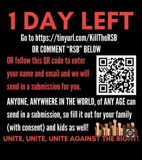 Screen shot reminding that there is one day to go and other helpful info like a QR code to help kill the RSB