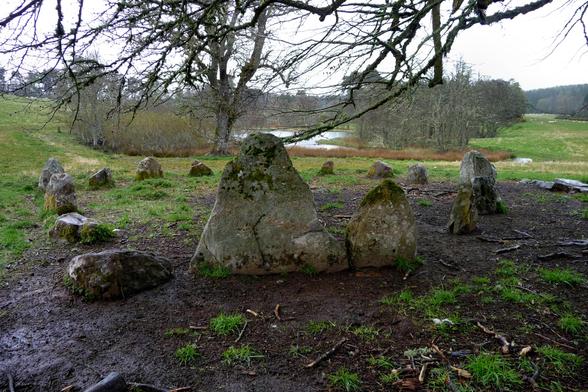 An irregular ring of 18 standing stones in gently sloping parkland. The tallest stone is nearest to the viewer, a triangular slab. The ground slopes downwards from the circle to a small lake fringed with trees. The viewer is standing beneath a tree and its branches overhang into the top of the shot. It's raining quite heavily and tree isn't providing much shelter.