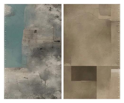 This hydrochronotope consists of two panels that illustrate different properties of water and its interaction with the environment over varying temporal scales. The left panel features a dynamic blue area, suggesting the presence of water, possibly a lake or river, with a textured mix of lighter and darker shades that indicate variations in depth, sediment, or water quality. Geometric shapes and patterns within this panel may reflect human influence or land use, such as agricultural fields or urban development, highlighting the interaction between water and land through processes like erosion and sediment deposition. This panel likely focuses on immediate or short-term properties of water, capturing seasonal changes, water levels, or the effects of rainfall. In contrast, the right panel presents a more muted palette of gray and brown, suggesting a stable or less dynamic environment, possibly representing dry land or areas with minimal water presence. The pronounced geometric shapes indicate a structured or planned environment, such as urban areas or agricultural plots, while the lack of vibrant colors implies a focus on soil properties, land use, or long-term ecological changes. This panel likely addresses longer-term changes, such as soil erosion, land degradation, or the impact of climate change on land use patterns. Together, these panels emphasize the complex relationship between water and land over time, illustrating the importance of understanding both short-term and lo