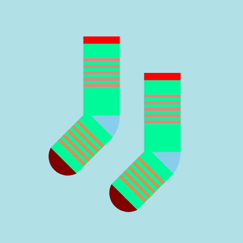 Two socks: Both are a MediumSpringGreen sock with a SkyBlue heel, a Maroon toe, and a Red cuff, with five LightCoral stripes on the leg and five Coral stripes on the foot, all on a PowderBlue background.