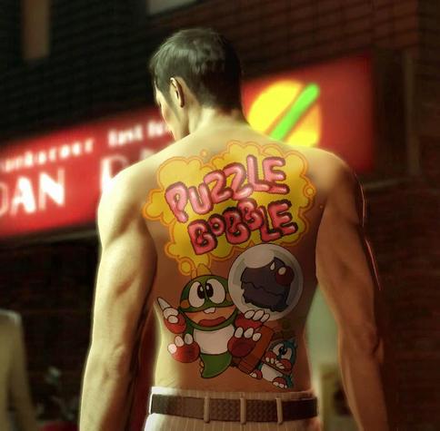 Screenshot from Yakuza 0 of Kiryu's back tattoo, except instead of his usual dragon tattoo it's promo art from Puzzle Bobble.