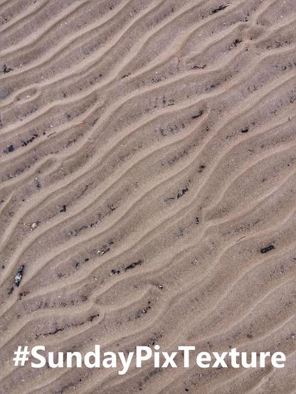 Ripples in sand, textured by the tide. At the bottom is the hashtag #SundayPixTexture