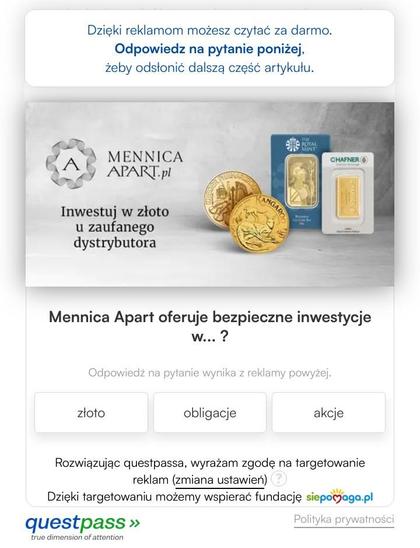 Zrzut ekranu pokazujący nowy sposób wymuszania interakcji z reklamami. Wyskakujące okienko odpytuje z treści reklamy, nie pozwalając przejść dalej bez zaznaczenia prawidłowej odpowiedzi.