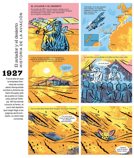 Primera página de la historieta sobre Antoine de Saint-Exupéry como delegado de la línea área de correos Aeropostale en Cabo Juby