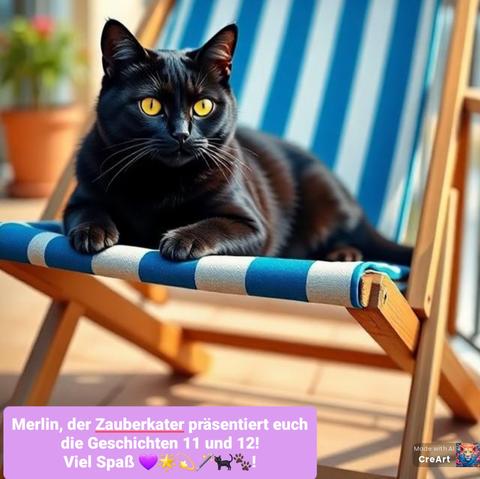 KI Bild. Schwarze Katze mit gelben Augen liegt auf einem blauweiß gestreiften Liegestuhl auf einem Balkon. Links unten steht in weißer Schrift auf lila Grund: Merlin, der Zauberkater präsentiert euch
die Geschichten 11 und 12!
Viel Spaß 💜🌟💫🪄🐈‍⬛🐾!