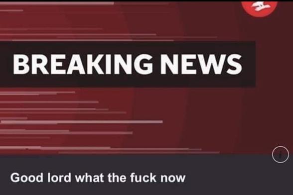 Made to look like a screen grab from a rolling news service, the words "breaking news" in heavy white capitals on a burgundy background, with urgent white lines streaking in from the left of the image and a logo in the top right corner. The ticker underneath says "good lord what the fuck now".